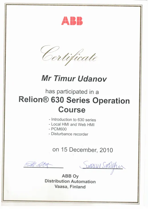 ABB Oy Relion 630 Series Operation Course certificate, Vaasa, Finland, 2010